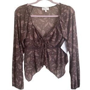 La Peche Semi Sheer Floral Paisley Blouse Womens M Brown Tie Front Peplum NWT